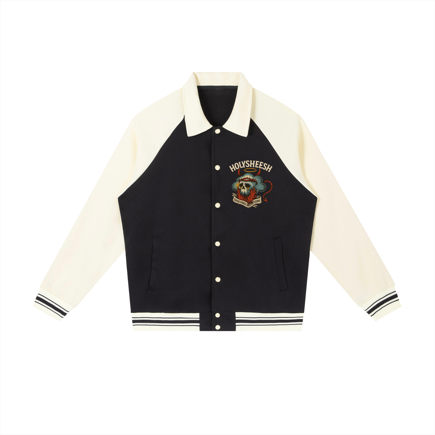 Holysheesh Good Vibes Bad Intentions Baseball Jacket