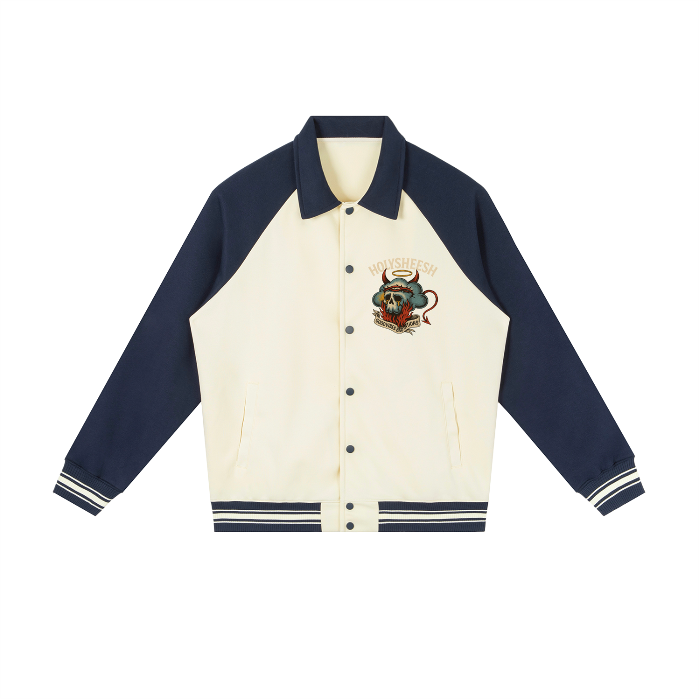 Holysheesh Good Vibes Bad Intentions Baseball Jacket